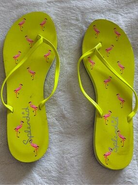 Splendid Neon Yellow Flip Flop Sandals with Pink Flamingo Print